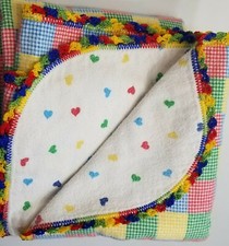 Vintage Baby Blanket Hearts And Rainbow Colors With Raimbow Lace Trim