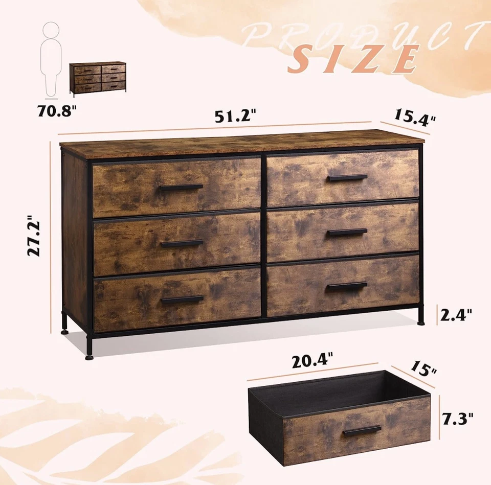 Современный двойной комод середины века с 6 ящиками - коричневый - Изображение 3 из 4