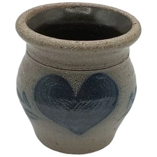 Vintage Rockdale Union Stoneware Cobalt Blue Heart Salt Glazed Mini-Crock 1986