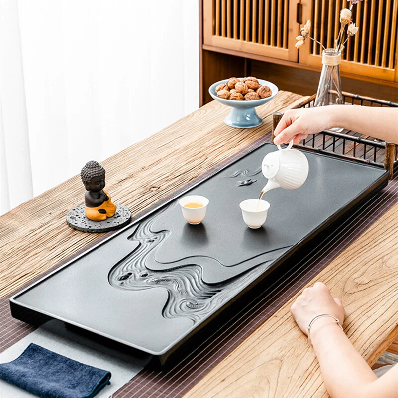 Bandeja de té de piedra negra tallada hecha a mano mesa de té de drenaje de agua bote de té con peso Foto 2 de 4