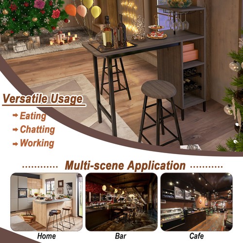 3Pcs Bar Table Chairs Set Industrial Pub Table 2 Stools Storage Shelf Wine Rack - Picture 9 of 10