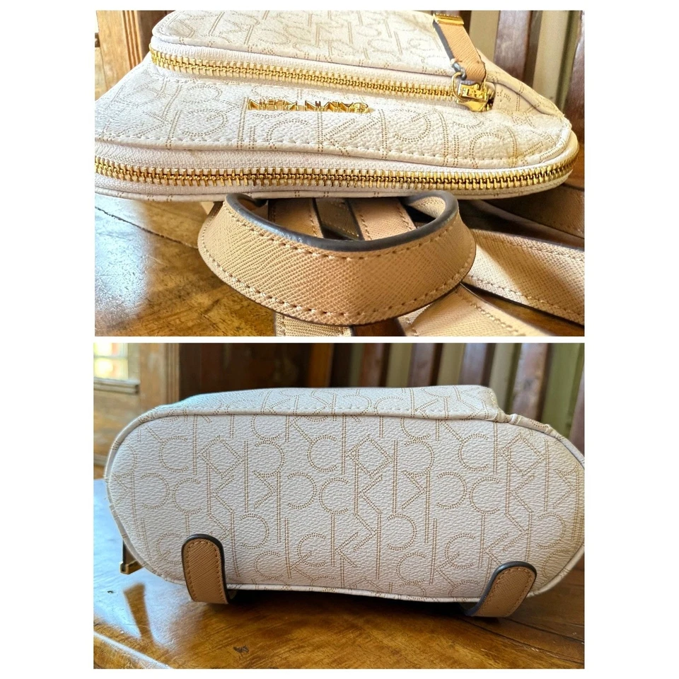 Mochila Calvin Klein Hudson Blanca Tostada Dorado Monograma Media Cremallera Usada Foto 4 de 4