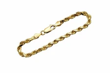 10k Yellow Gold Men Women 4mm D/Cut Rope Chain Bracelet Size 8" Hollow