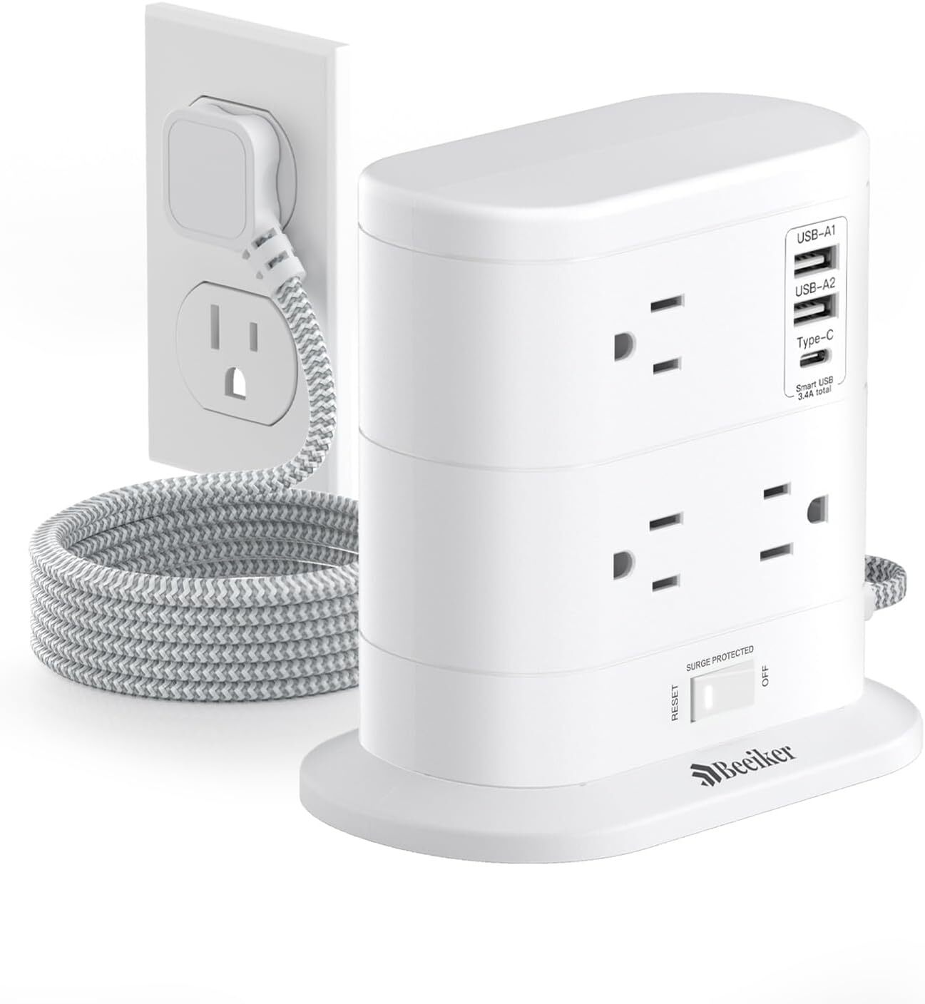 10 in 1 Surge Protector Power Strip Tower, 5Ft Flat 5ft-17W USB-1080J, WHITE