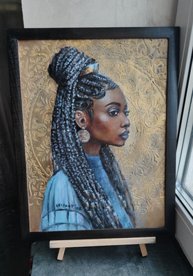 Original Black Woman Portrait Oil Painting Braids Golden Background Framed