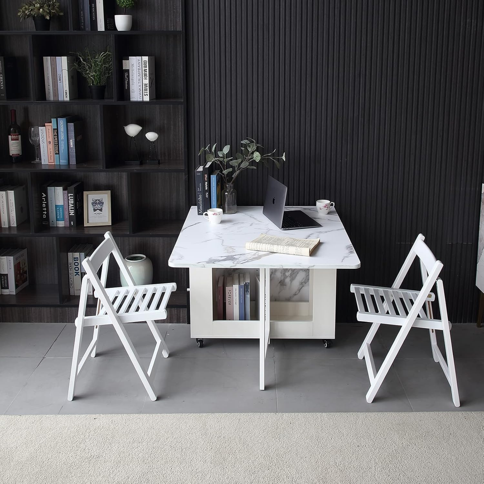 Folding Dining Table with Rack and 2 Storage Drawers, Movable ...