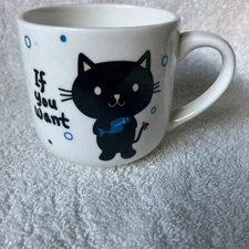 Daiso Japan Black Cat Kitty w Fish Mug “If you want hm yummy” No Lid