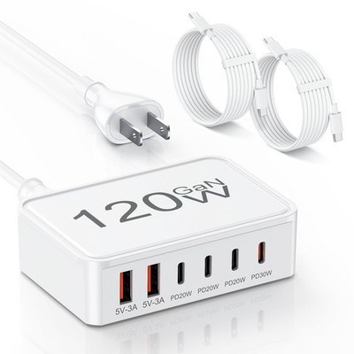 USB C Charger Block,120W GaN 6 Port Type C Fast Charging Station 5C-L White 