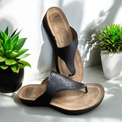 Dansko Priya Women's Size EU 37/US 6.5 black embossed leather Dress Thong Sandal