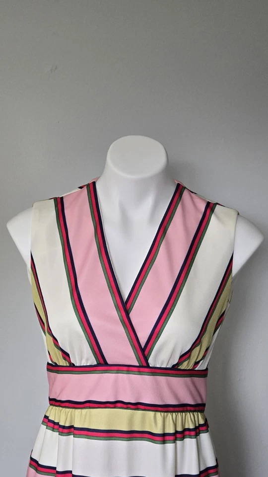 Maxi Vestido Etiqueta Raro Años 70 Leslie Fay Rayas Art Deco Años 20 Estampado Aleta Talla 10 Foto 3 de 4