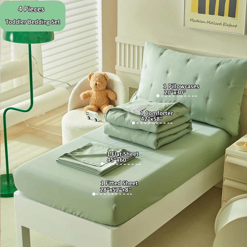 Juego de cama verde de 4 piezas para niños pequeños para niños niñas, cuna de microfibra bordada B... Foto 3 de 4