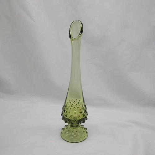 Vtg Fenton Swung Glass Bud Vase Avocado Olive Green Hobnail 10" Mod MCM Retro