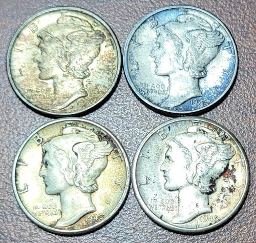Mercury Dime TONERS 1936-1945 BU UNC Toned Obverse 90% Silver 10c Coins