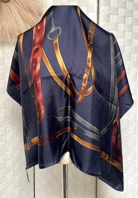 ECHO Vintage 100% Silk Dark Blue 34.5'' x 34.5'' Equestrian Buckle Print Scarf FXF