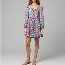 RIXO Roxy Hibiscus Floral Tiered Mini Dress Blue Pink Green Gold Lurex Size S 6