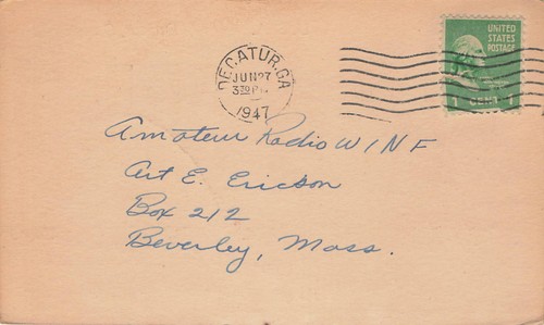 1947 QSL: W4FBH - R.W. Thompson - Rt 1 scatola 154 - Decatur, Georgia - Foto 2 di 2