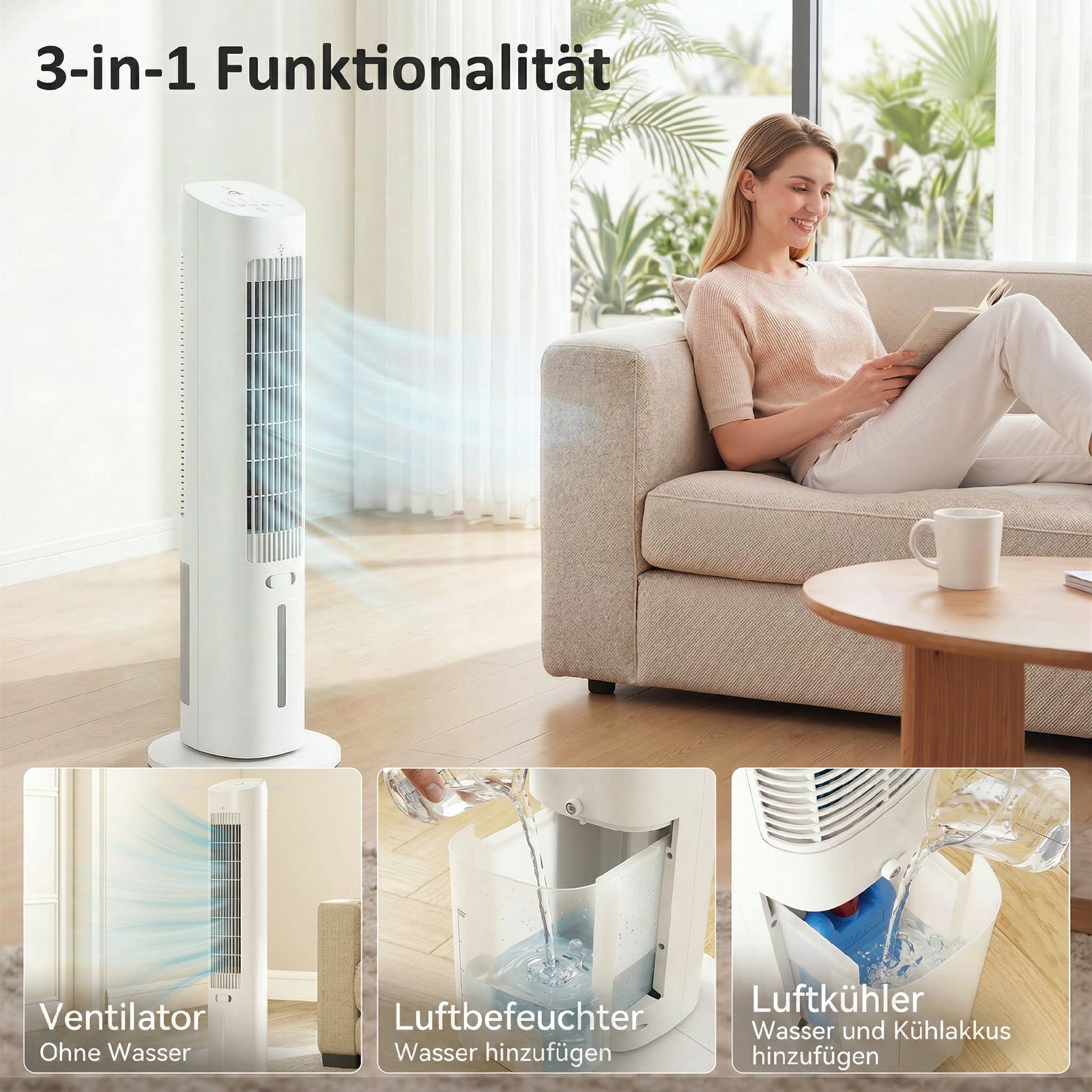 Refroidisseur d'air tour blanc 3L idéal pour le salon ou le bureau