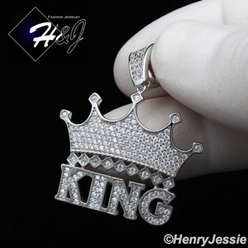 MEN WOMEN 925 STERLING SILVER ICED BLING CUBIC ZIRCONIA CROWN KING PENDANT*SP208 - Picture 1 of 4