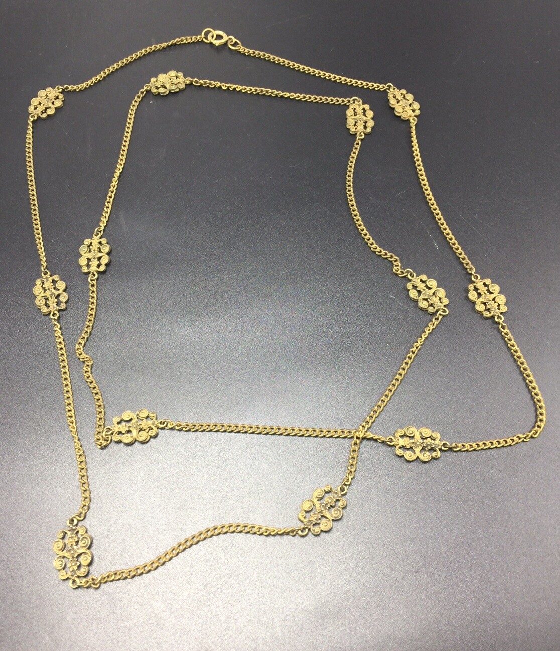 Antique Victorian Brass Gold Plated Flower Station Long Chain Necklace