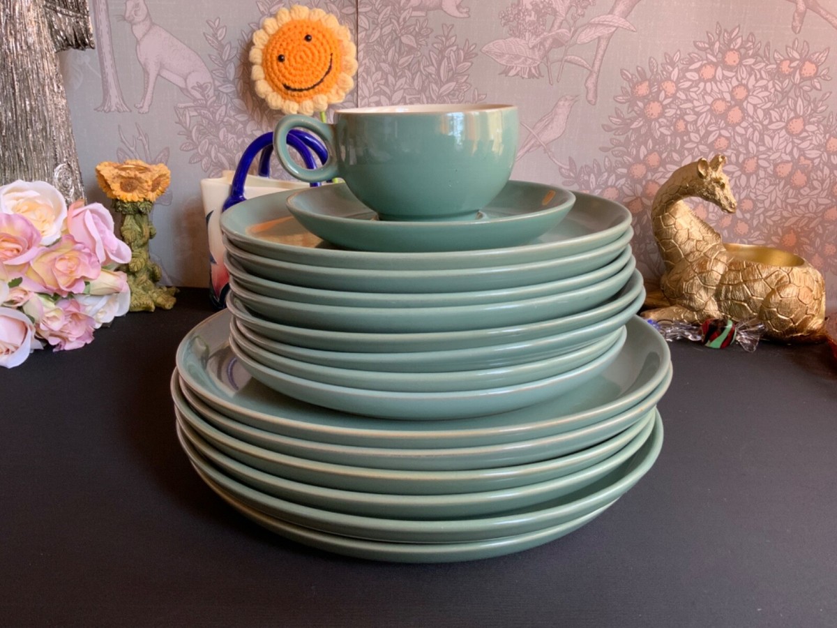 Vintage MCM Denby Stoneware 1950s 1970s Scroll Mark Green Plates
