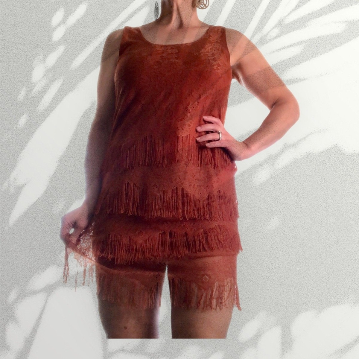 Lush Brand Mini Dress Rust-Orange Fringe/Lace Womens Sz Medium  Boho/Spring