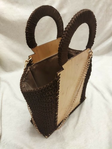 Handmade Wooden Knitted Bag Basket Handbag Purse Craft Brown Women's - Picture 3 of 12