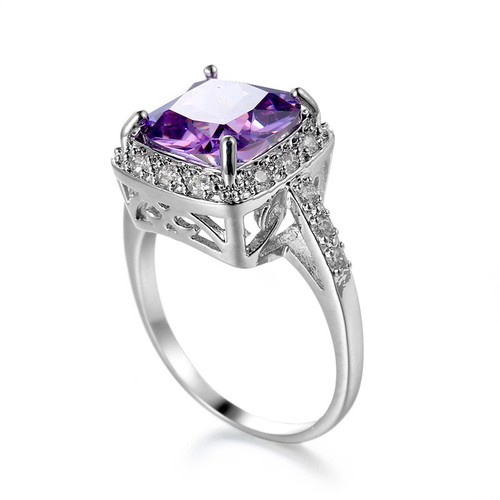Purple Zirconia Princess Cut Band Women's 925 Silver Wedding Gift Ring Size 6-10 - Picture 7 of 10
