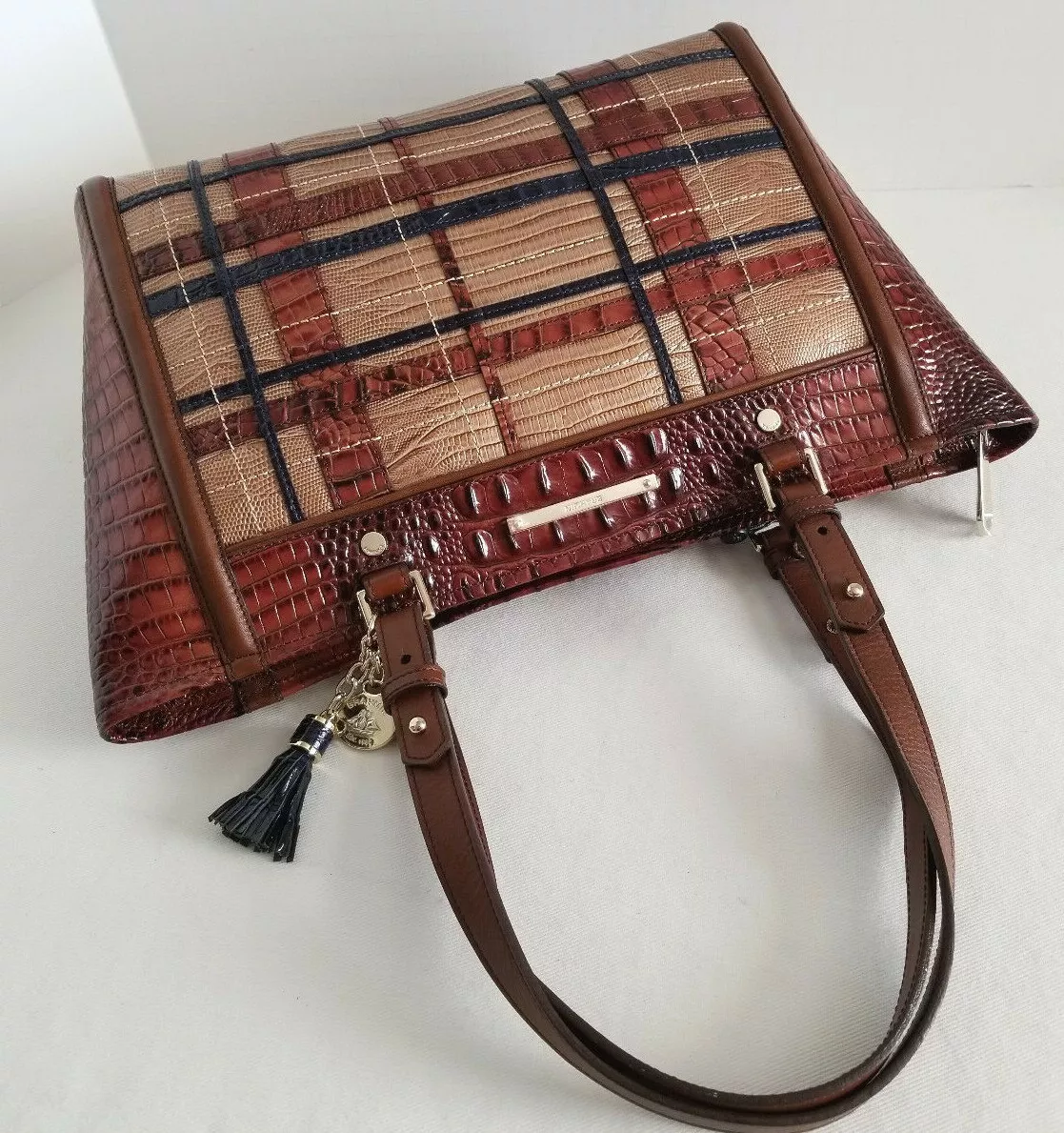 🌹Brahmin Arno Tote Navy Pecan Canterbury Leather Shoulder Bag**Tartan**NWT⚘⚘HTF  | eBay