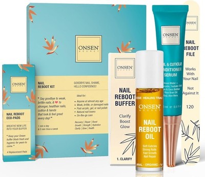 Onsen Secret Complete Nail Reboot Kit mit Nagelhautöl 10ml, Nagelfeile 120/180er Körnung
