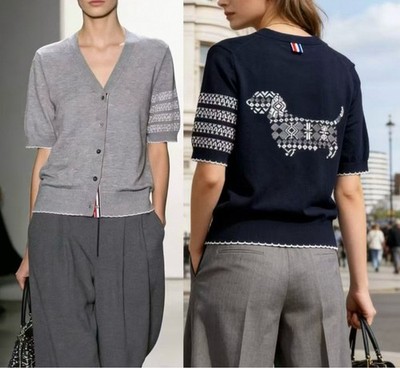 Women Thom Browne V-neck Jacquard Short Sleeve Knit Cardigan Top