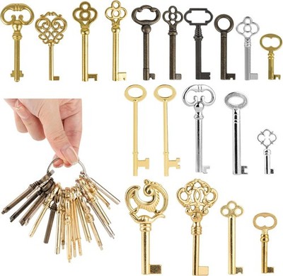 Skeleton Key for Old Doors - 19Pcs Hollow Barrel Brass Antique Furniture Keys, U