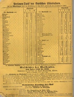 BADISCHE und WÜRTTEMBERGISCHE EISENBAHNEN: Fahrpreise 1861 im Volkskalender