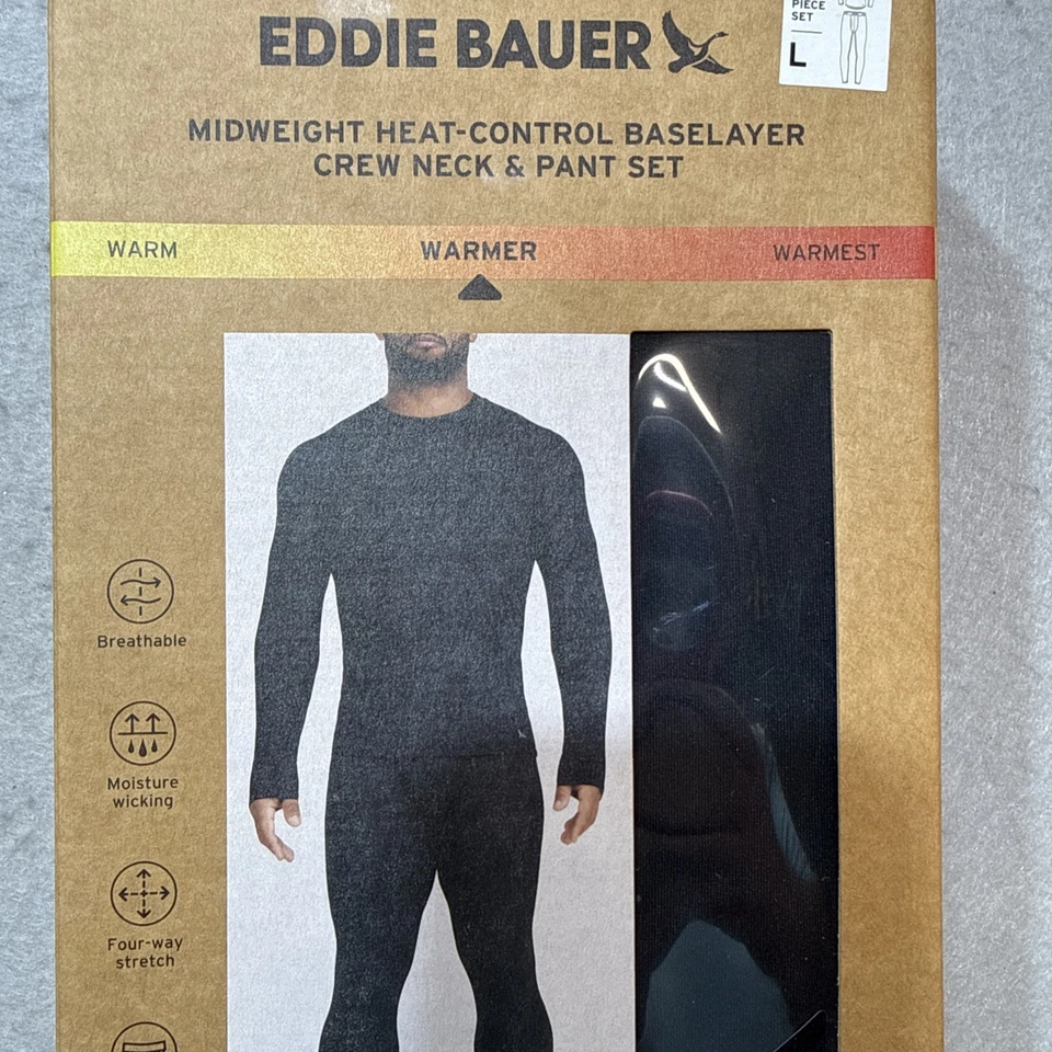 2-Piece Set Eddie Bauer Midweight Base Layer Crew / Pant Set Men L Black SEALED - Image 4 of 4