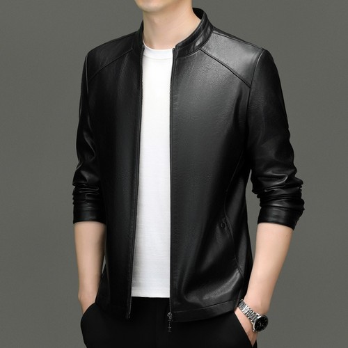 Fashion Men Faux Leather Jacket Zip Plain Business Casual Pocket Stand-up Collar - Picture 16 of 17