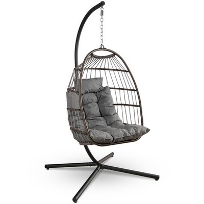 SereneLife Foldable Egg Chair with Stand   Hanging Rattan Wicker Swing- Grey