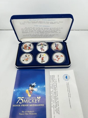 2003 75 Years with Mickey Silver Proof Colorized Medallions w/ Box & Paperwork