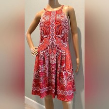 Vince Camuto Printed Scuba Halter Dress in Coral, White & Hot Pink Siz…