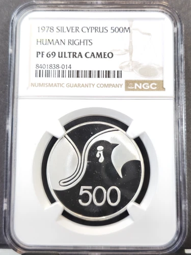 1978 CYPRUS SILVER 500 MILS HUMAN RIGHTS NGC PF 69 ULTRA CAMEO RARE GEM TOP POP