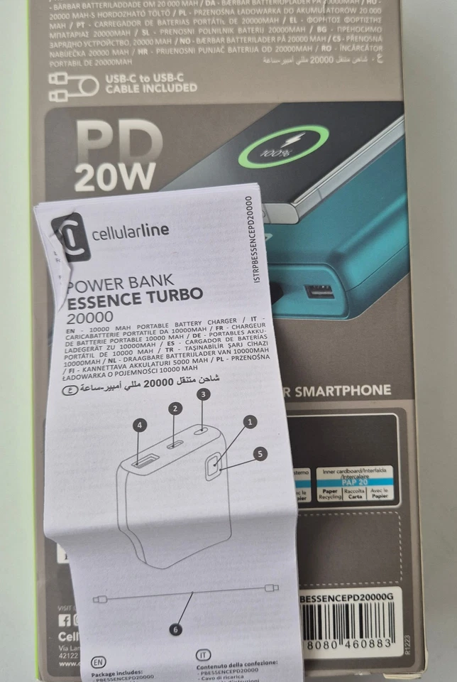 CellularLine Power Bank ESSENCE 20000 mAh Turbo Power USB-C 20W in confezione originale - Immagine 4 di 4