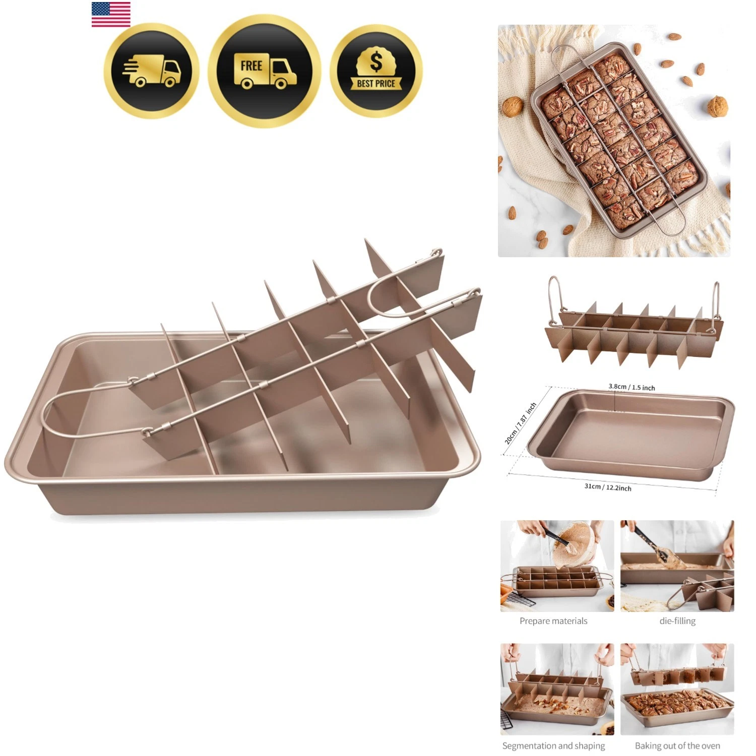 Brownie Pan with Dividers with Cutter Rectangular Cake, Non-stick Stainless S...