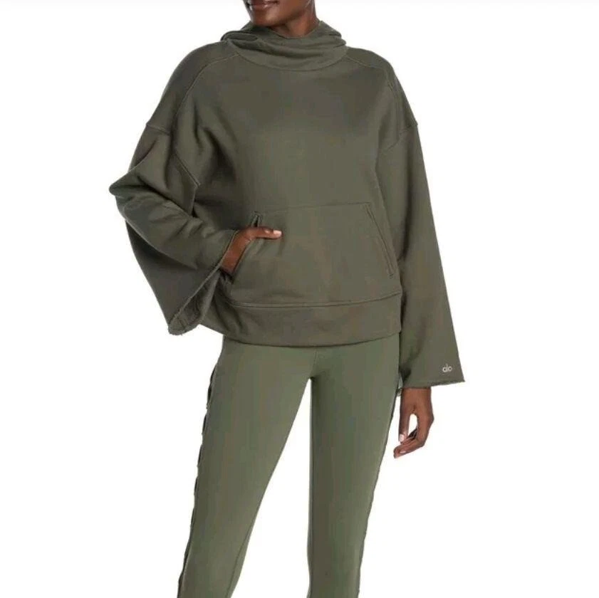 Alo Yoga Low Key Hoodie Sweatshirt M Jungle Bell Sleeves Pockets