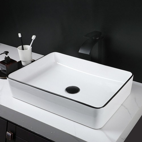 US Ceramic Sink Bathroom White Rectangle Basin Waterfall Deck Mounted Mixer Taps - Picture 4 of 12