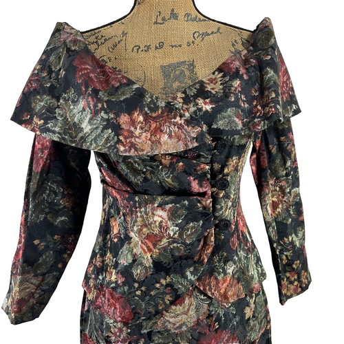 VTG Midnight Glo Dress Skirt Top Floral Tapestry 2 pc Floral Size 8 Button FANCY - Picture 2 of 8