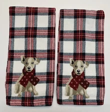 2 X Ellen Degeneres Red White Black Cotton Plaid Dogs With Scarf Hand Towels