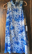 Eliza J Royal Blue Sheath Halter Dress w Floral Print Chiffon Overlay size 4 NWT