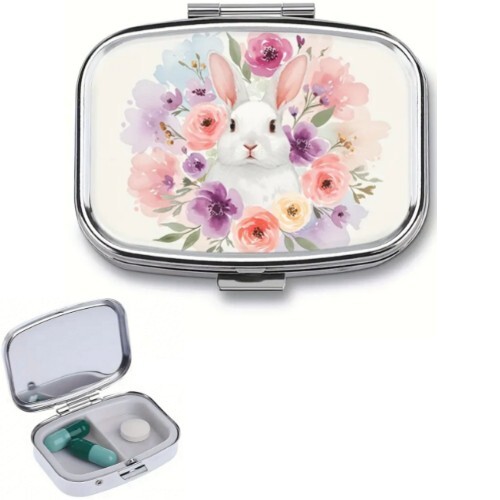 Pink Floral Rabbit Design Metal Pill Box - 2 Compartment Portable Size - Picture 1 of 8