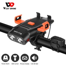 WEST BIKING 500Lumens USB Bicycle Headlight Bike Light Phone Holder Horn 130dB