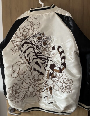 Mens Japanese Pattern Embroidery Dragon Tiger Souvenir Jacket