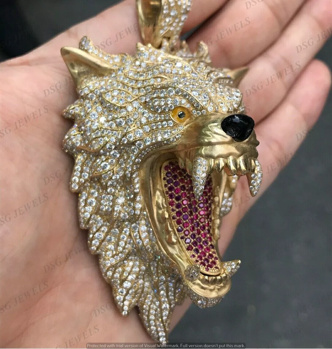 3CT Round Lab Created Diamond Mens Roar Wolf Head Pendant 14k