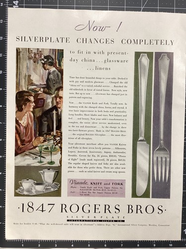 Anuncio impreso vintage 1930 1847 Rogers Bros patrón Viande cubiertos Meriden CT